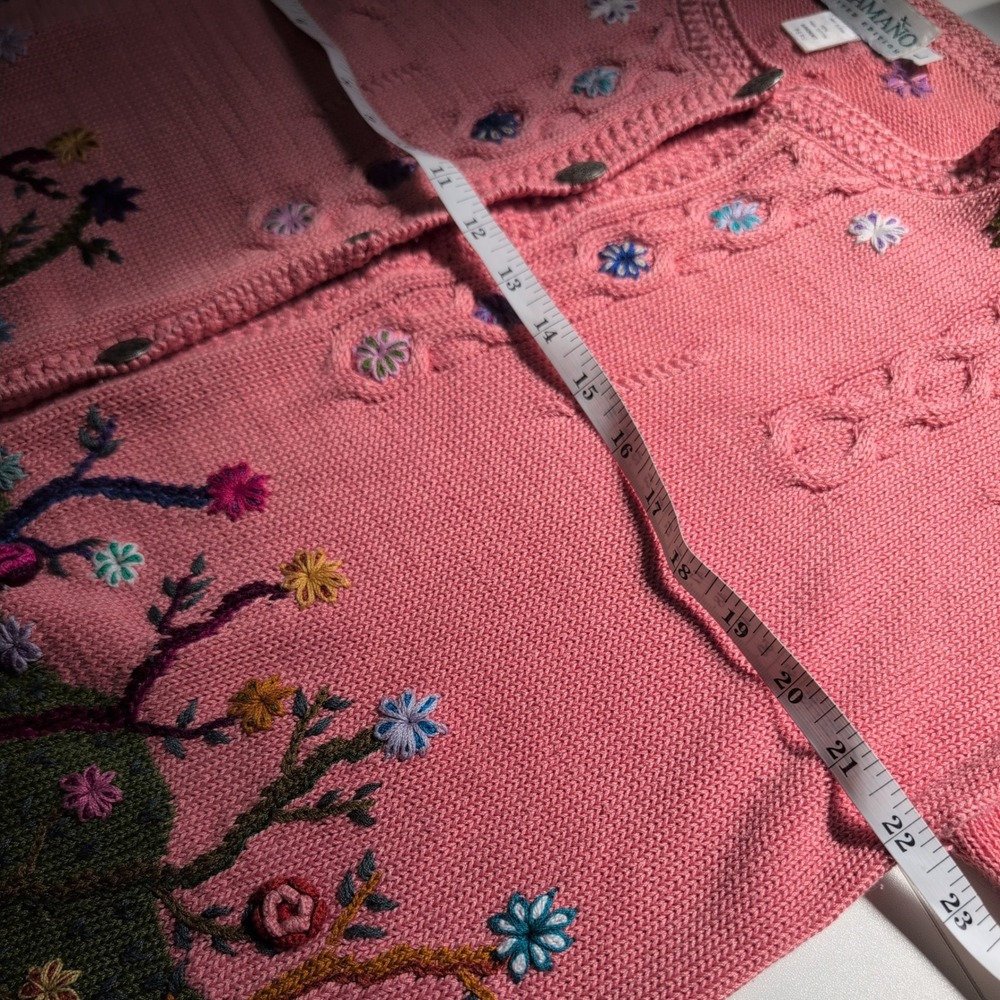 Vintage Caamano Pink Handknit Pima Cotton Floral Garden Cardigan Large - Picture 8 of 10